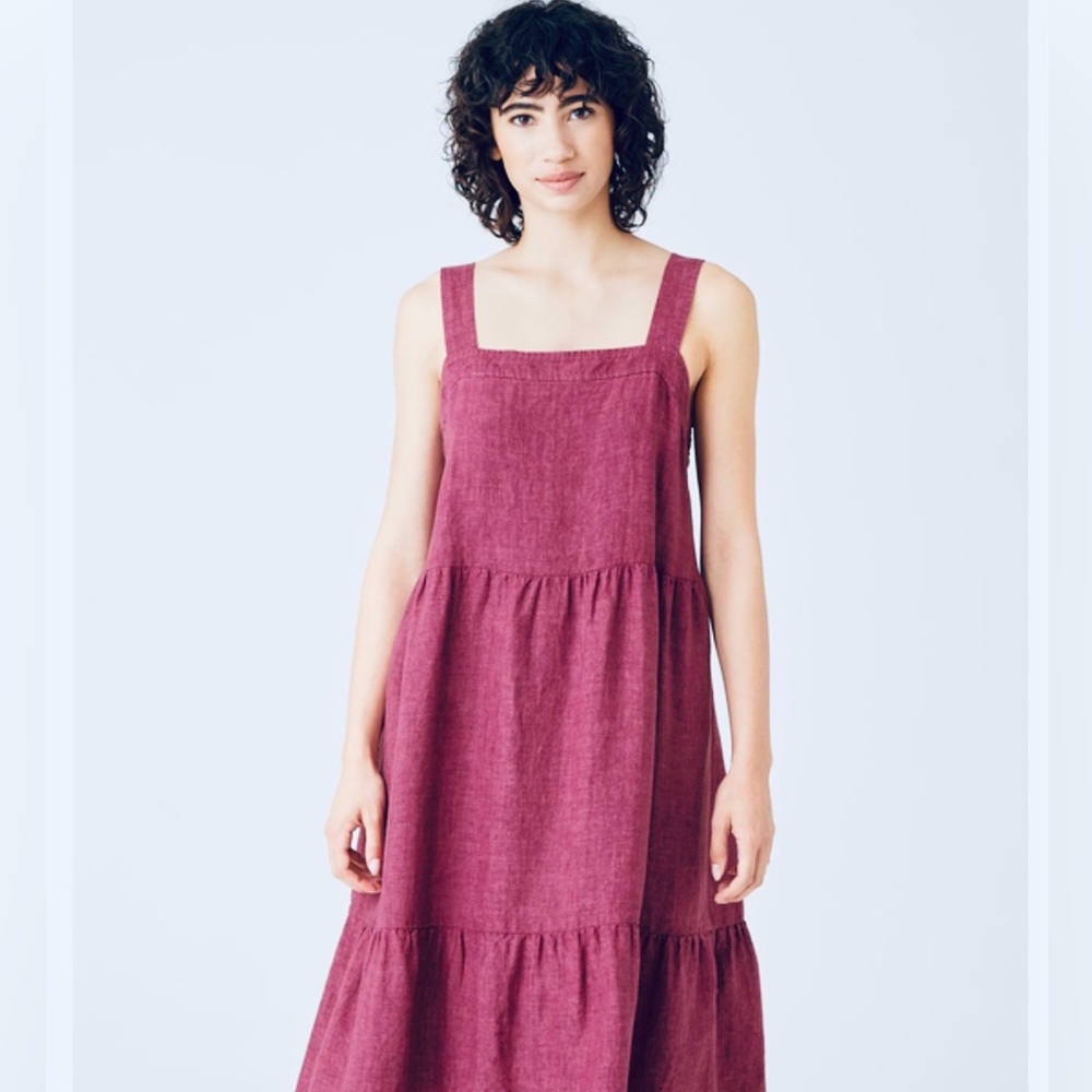 Eileen fisher raspberry linen tiered dress size L NWOT